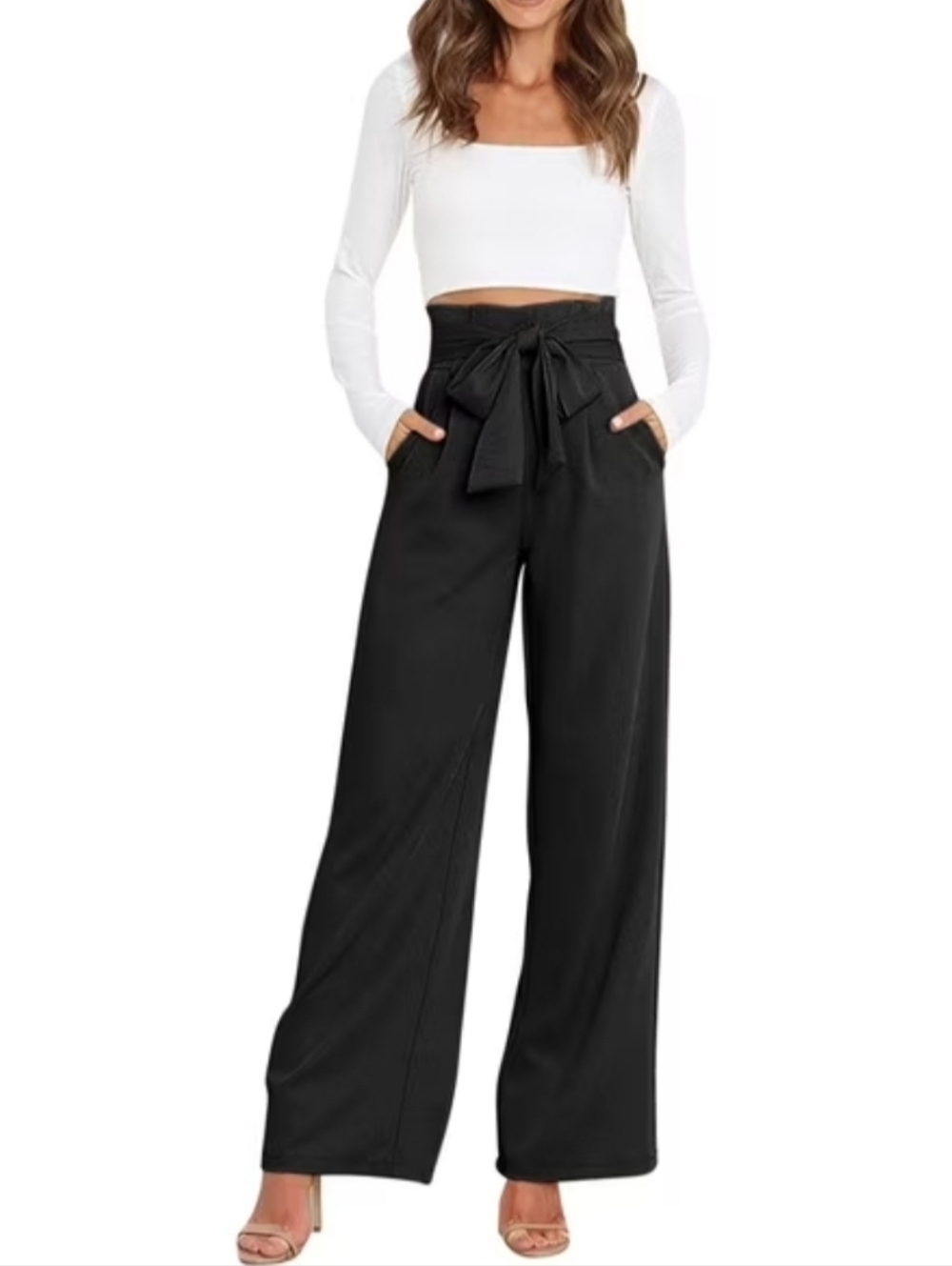 New York & Company (Size 8) Classic Black Stretch Paperbag Belted Wide-Leg Pants - Picture 13 of 14